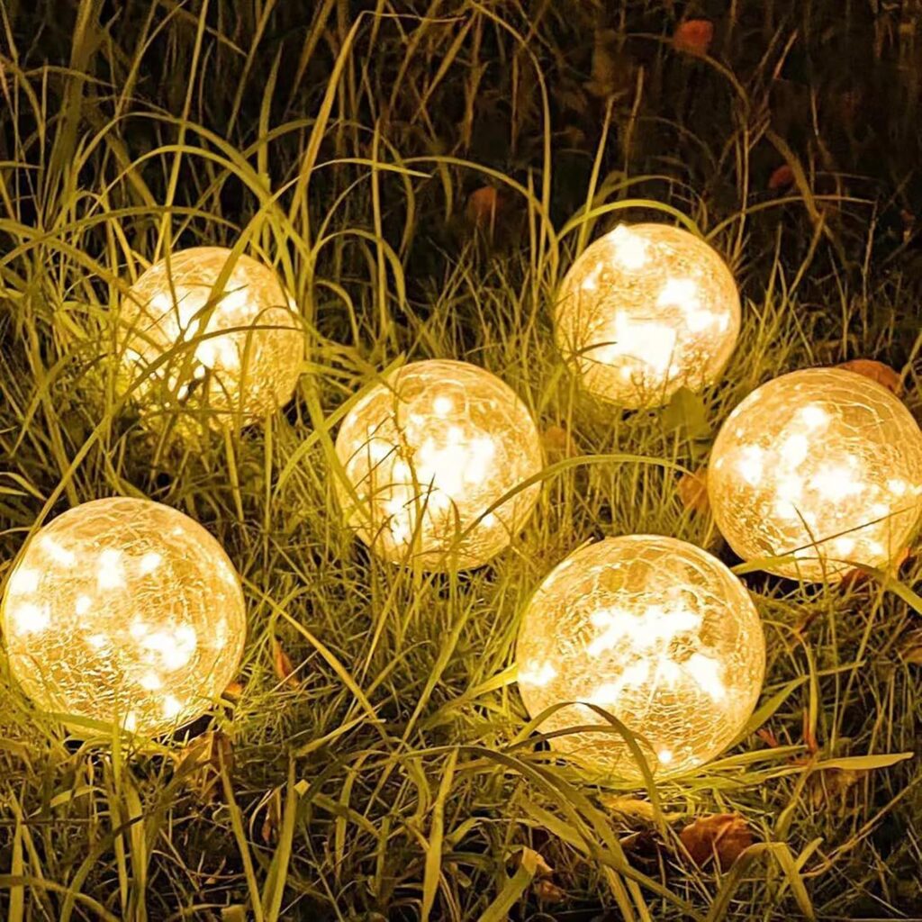 Solar Garden Lights Outdoor Waterproof, 6 Pack LEDs Cracked Glass Ball Light, Ground Landscape Garden Decor, Solar Globe Decorative for Pathway/Patio/Lawn/Yard (Warm White, 3.9″)