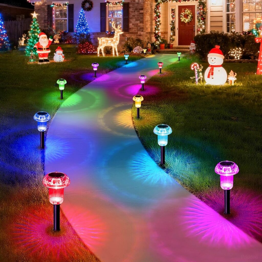 Christmas Solar Lights Outdoor Pathway Waterproof 8 Pack Color Changing LED Acrylic Mushroom Decorative Garden Lights for Yard Landscape Patio Outside Christmas Decorations Outdoor