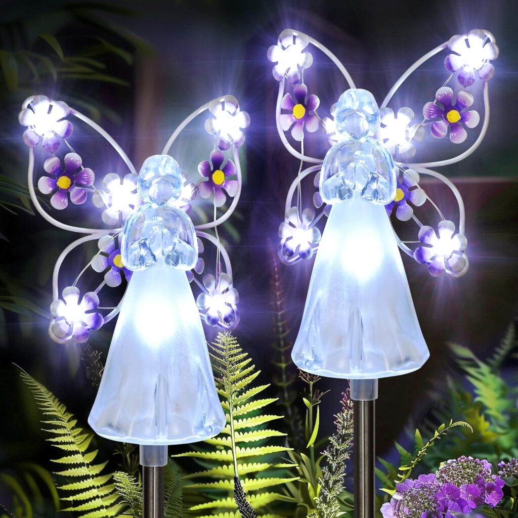 GIGALUMI Solar Angel Garden Stake Lights – 2 Pack Angel Solar Lights Outdoor Garden, Eternal Light Angel with 7 LEDs for Cemetery Grave Decorations, Memorial Gift, Christmas Yard Art, Sympathy Gifts