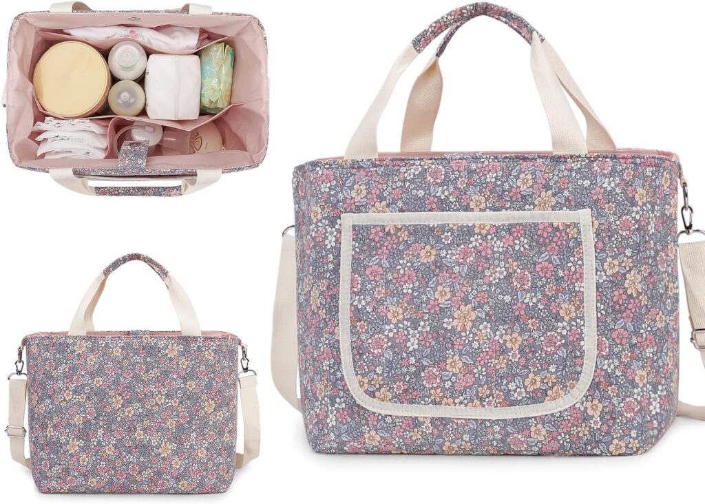 Lmbabter Baby Diaper Tote Bag Organizer Caddy Floral Mommy Bag Nappy Storage Bin for Women
