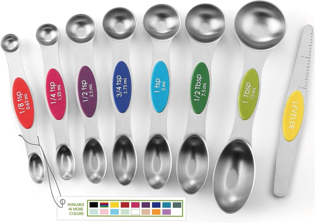 Spring Chef Stainless Steel Magnetic Measuring Spoons Set with Strong Magnets, Heavy Duty Metal Kitchen Essentials – Fits in Most Kitchen Spice Jars, Multicolor, Set of 8 with Leveler