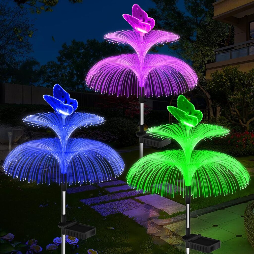 Solar Garden Lights Waterproof 3 Pack Solar Lights Outdoor Decorative 7 Color Changing Double Jellyfish and Butterfly Flower Garden Decor Yard Christmas Pool Outdoor, Gifts for Mother’s Women
