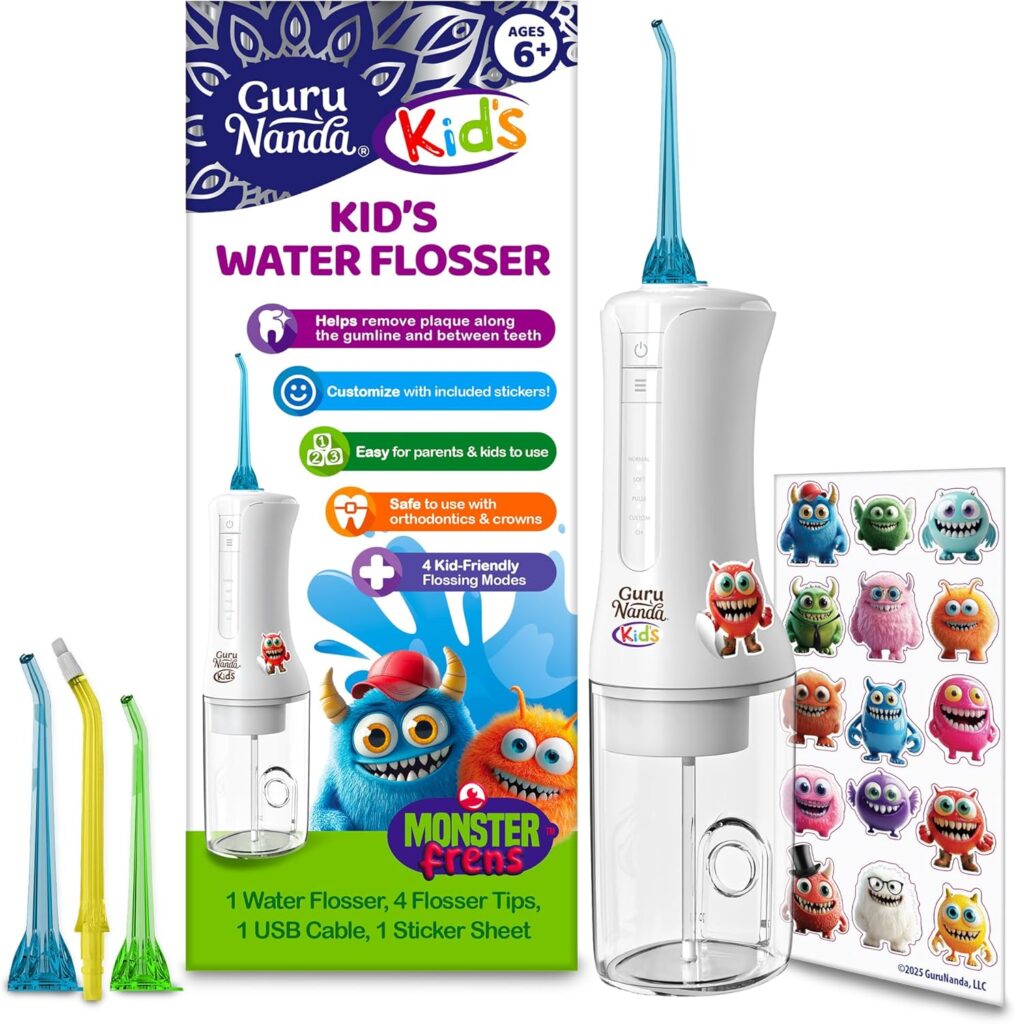 GuruNanda Kids Water Dental Flosser – 4 Flossing Modes, 4 Nozzles, 2-Min Smart Timer, Ages 6+, Monster Frens Theme, Portable Oral Care for Kids