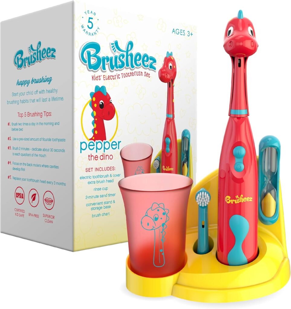 Brusheez Kids’ Electric Toothbrush Set – Safe & Effective for Ages 3+ – Parent Tested & Approved with Gentle Bristles, 2 Brush Heads, Rinse Cup, 2-Minute Timer, & Storage Base (Pepper The Dino)