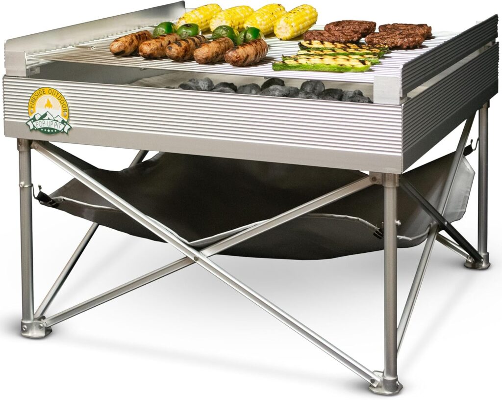 Fireside Outdoor Pop-Up Portable Fire Pit Grill – Camping Charcoal Grills, BBQ Grills, Portable Firepit Campfire Pit, Outdoor Fire Pits Cooking Grate with Grill and Heat Shield – Quad-Fold Grates