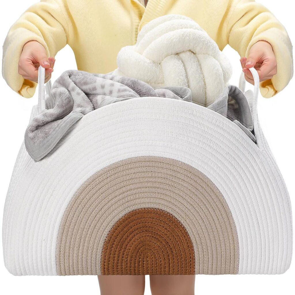 Zopeal Large Rainbow Storage Basket Rope Blanket Basket 21.7″x15″x12″baby Diaper Caddy Organizer Storage Dirty Clothes Basket for Desk Toy Gifts Bedroom Nursery Decor Organizing