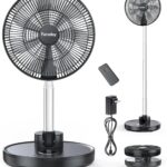 FARADAY Oscillating Standing Fan 12” Foldable Portable Quiet Floor Fan 12000mAh Rechargeable Pedestal Fan with Remote, Timer Setting, Height Adjustable Foldaway Fan for Bedroom Home Office, 6 Speed
