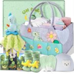 Coralogo Baby Shower Gift Basket – Baby Gift Set with Practical Diaper Caddy, Gifts for New Mom, Gender Reveal Gifts, New Born Essential Include Security Blanket Hat Bib Socks Mittens, Boy