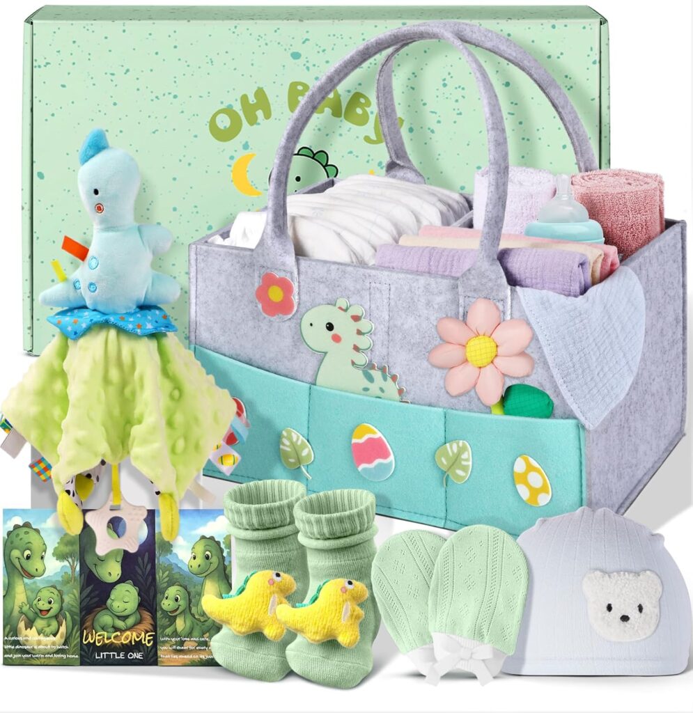 Coralogo Baby Shower Gift Basket – Baby Gift Set with Practical Diaper Caddy, Gifts for New Mom, Gender Reveal Gifts, New Born Essential Include Security Blanket Hat Bib Socks Mittens, Boy