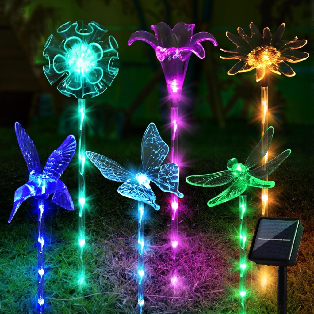 Set of 6 Arcylic Solar Lights for Outside, Solar Powered Garden Decorations, Outdoor Waterproof Pathway Lights for Yard, Patio Plant Pot, Flower Bed (8 Lighting Modes)