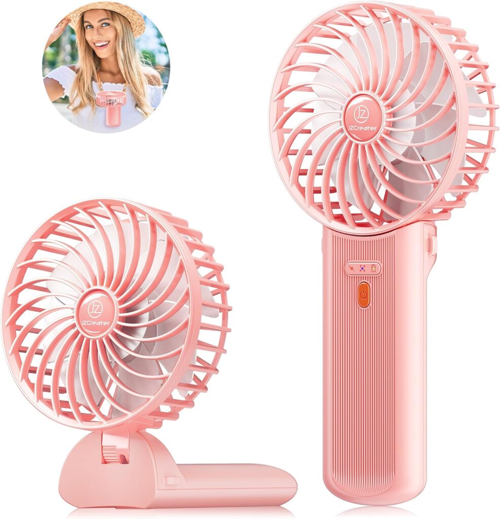 JZCreater Mini Handheld Fan, Portable Rechargeable Fans, Quiet 4 Speed, 2in1 Battery Operated USB Desk Fan, Small Folding Stand Electric Fan for Travel Outdoor Home Office Makeup, Gift for Women