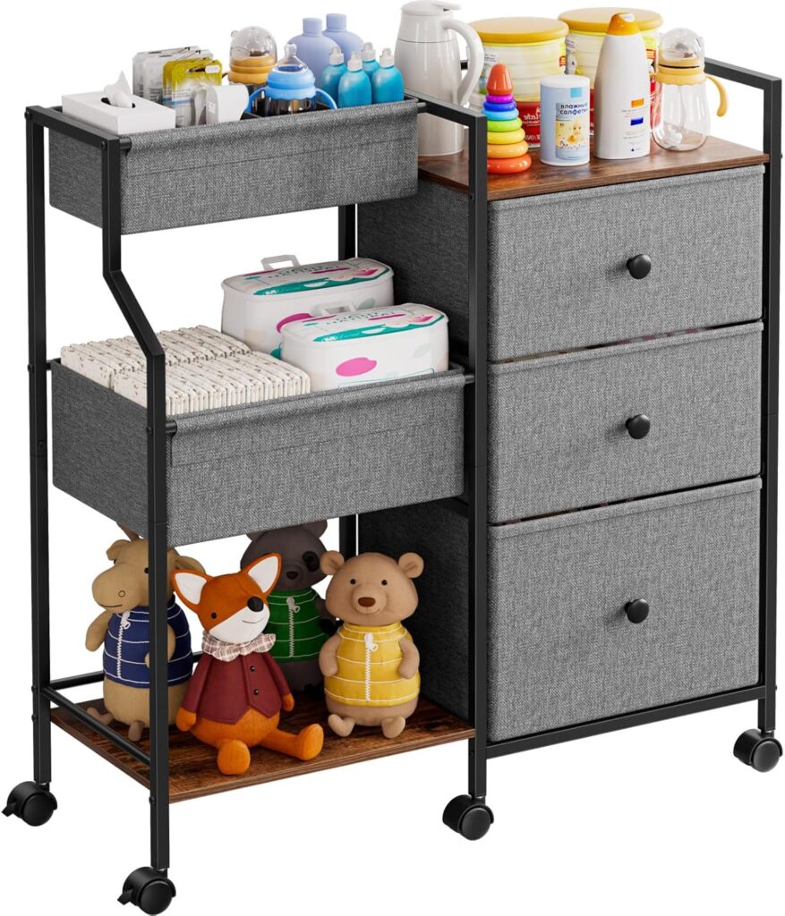 Baby Diaper Caddy Organizer and Storage – 3 Tier Rolling Cart with Dividers and Drawers, Easy To Assemble, Mobile Utility Cart with Wheels for Nursery, Bedroom, Changing Table & Crib