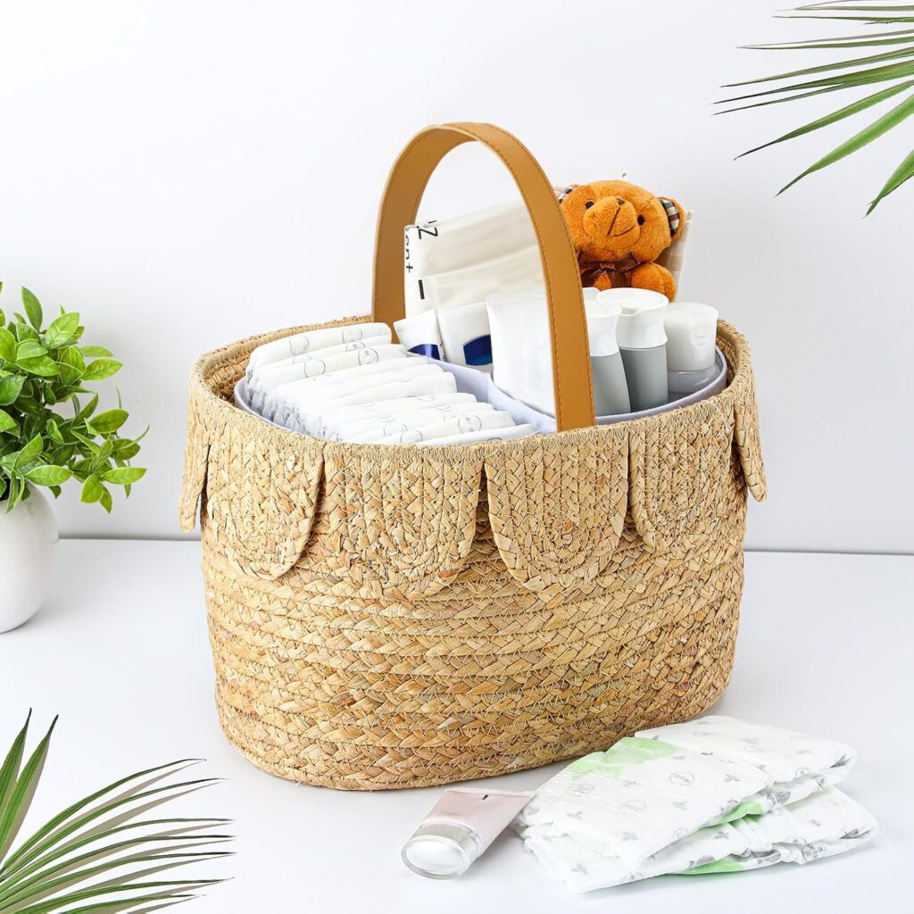 Baby Diaper Caddy Organizer Scalloped Rattan Basket with Handle and Removable Divider Diaper Caddy Basket Handmade Wicker Woven Scalloped and Nursery Storage for Baby Shower Gifts Newborn