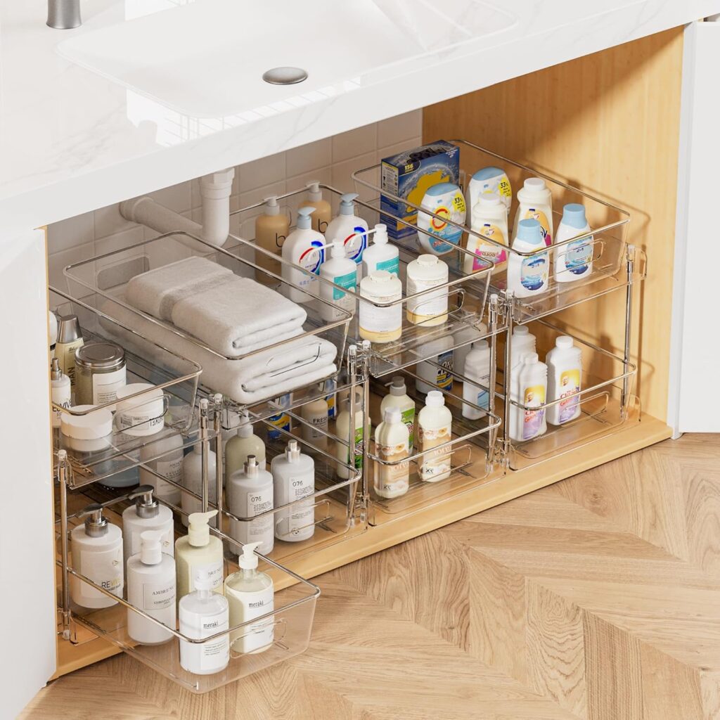 Vtopmart 4 Pack Bathroom Organizer, 2 Tier Clear Under Sink Organizers Vanity Countertop Storage Container,Cabinet Drawers Bins, Pull-Out Organization with Track for Pantry, Kitchen