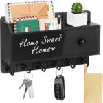 RELBRO Key Holder Wall Mount, Wooden Mail and Key Organizer with Black Board Key Rack with Drawer, Small Shelf, 6 Key Hooks, Black