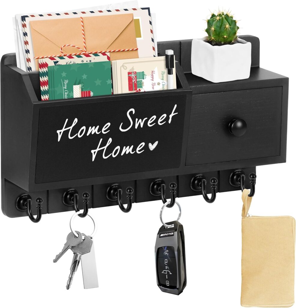 RELBRO Key Holder Wall Mount, Wooden Mail and Key Organizer with Black Board Key Rack with Drawer, Small Shelf, 6 Key Hooks, Black