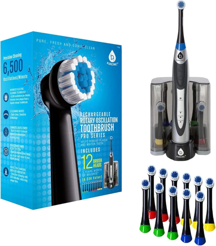 PURSONIC S330 Deluxe Ultra High Powered Rotary Oscillating Rechargeable Electric Toothbrush with Dock Charger & 12 Brush Heads (Value Pack)