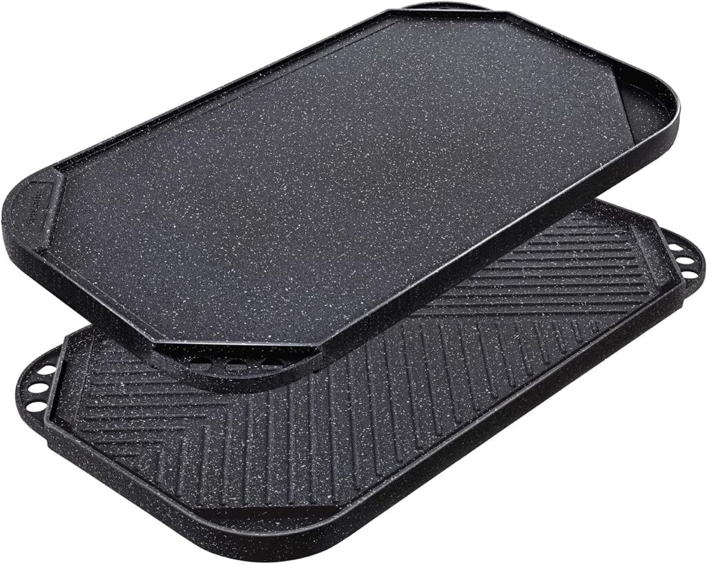 SENSARTE Nonstick Griddle Grill Pan, Pro-Grid Reversible Grill & Griddle Pan, Two Burner Cast Aluminum, Portable for Indoor Stovetop or Outdoor Camping BBQ, 19.5″ x 10.7″