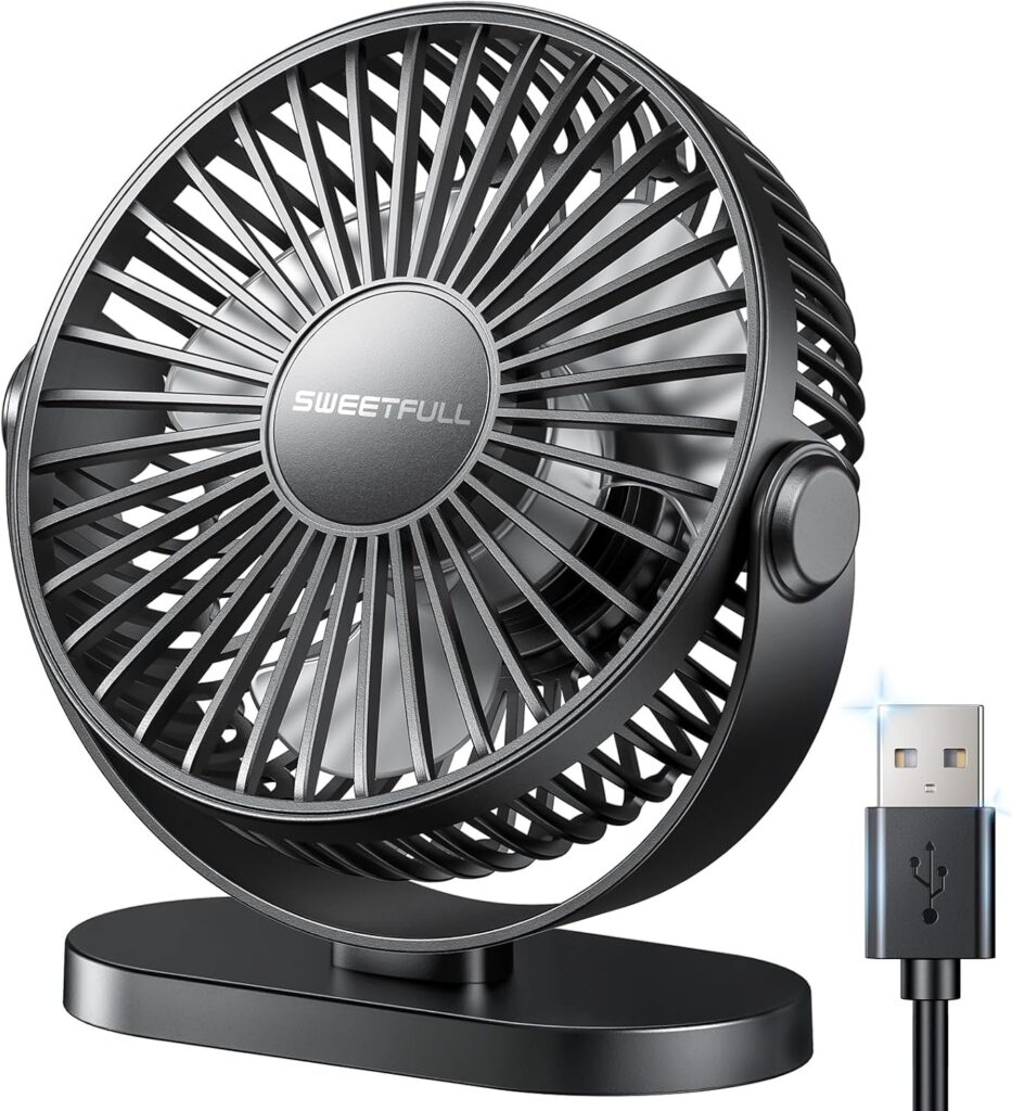 SWEETFULL USB Desk Fan Small Quiet – 3 Speeds Mini Personal Portable Fan 360° Rotation Adjustable, 5.5 Inch Office Table Cooling Gadgets on Desktop (Black)