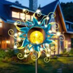 Solar Lights Outdoor Garden Decor, Blue Metal Sun Crackle Glass Globe Stake Waterproof 30LED Decorations Unique Gifts for Women,Mom,Outside, Patio,Lawn,Yard,Pathway