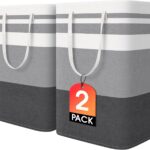 HomeHacks 2 Pack Large Laundry Baskets, Waterproof, Freestanding Laundry Hampers, Collapsible Clothes Hamper with Reinforced Handles in Laundry Room, College Dorm, Bathroom, Bedroom (Grey, 75Lx2)
