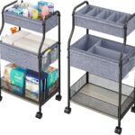 3-Tier Baby Diaper Caddy Organizer and Storage Cart, Mobile Metal Utility Cart with Rolling Wheels for Nursery Essentials with 4+2 Dividers, Large Capacity Rolling Cart For Kitchen, Bathroom, Office