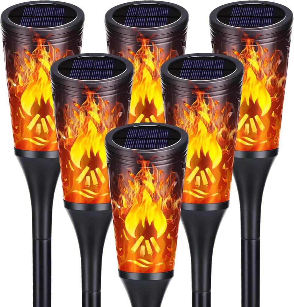 Toodour Solar Halloween Lights Outdoor, 6 Pack Solar Torch Lights with Flickering Flame, IP65 Waterproof Yard Landscape Decoration Outdoor Light for Garden Pathway Lawn Patio Halloween Decor