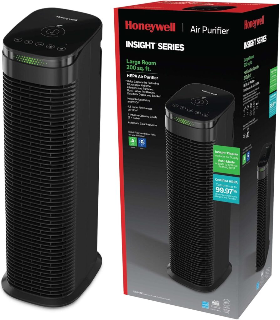 Honeywell HEPA Air Purifier for Home, 990 Ft² Rooms in 1 hour, Auto Mode, Air Quality Indicator, Reduces Dust, Pollen, Pet Dander, All Smoke Types, Odors, Black, HPA180B