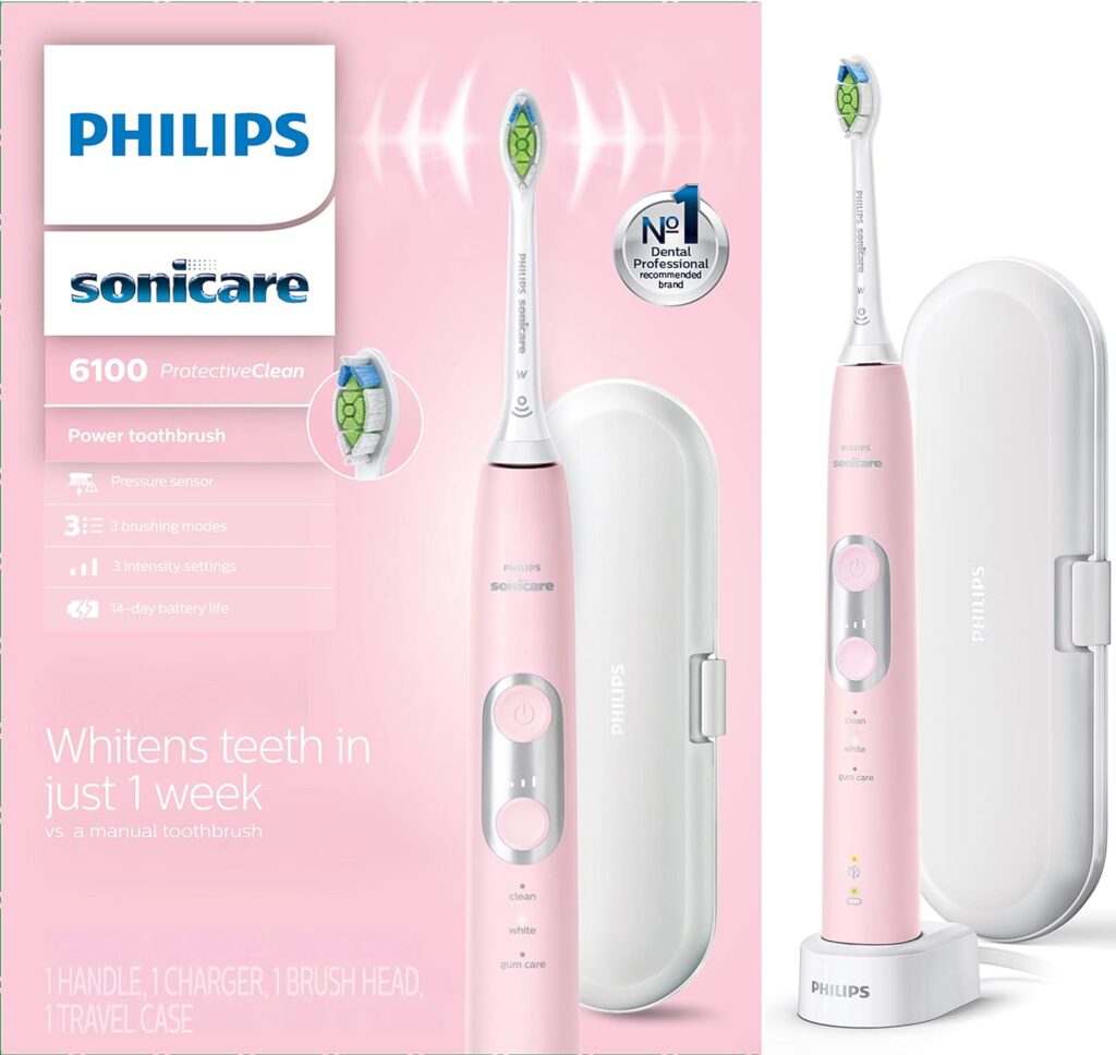 Philips Sonicare ProtectiveClean 6100 Rechargeable Electric Toothbrush, with Pressure Sensor, 3 Cleaning Modes, SmarTimer and QuadPacer, 14-Day Battery Life, Travel Case, Pink, Model HX6876/21