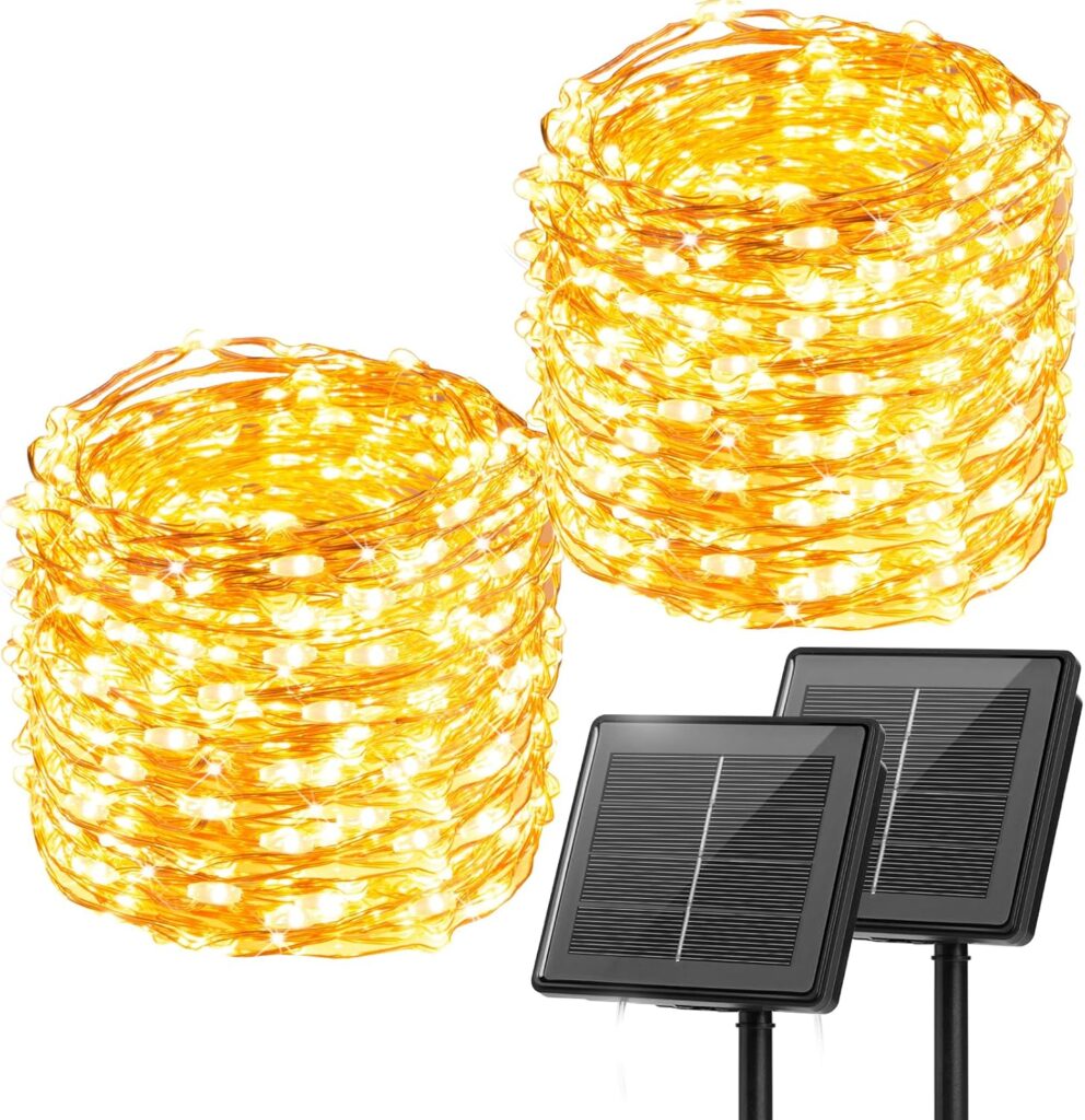 Minetom Solar String Lights, 2 Packs Total 66Ft 200 LED Solar Fairy Lights, Waterproof Solar Lights for Outside Patio Yard Tree Wedding Christmas, Warm White