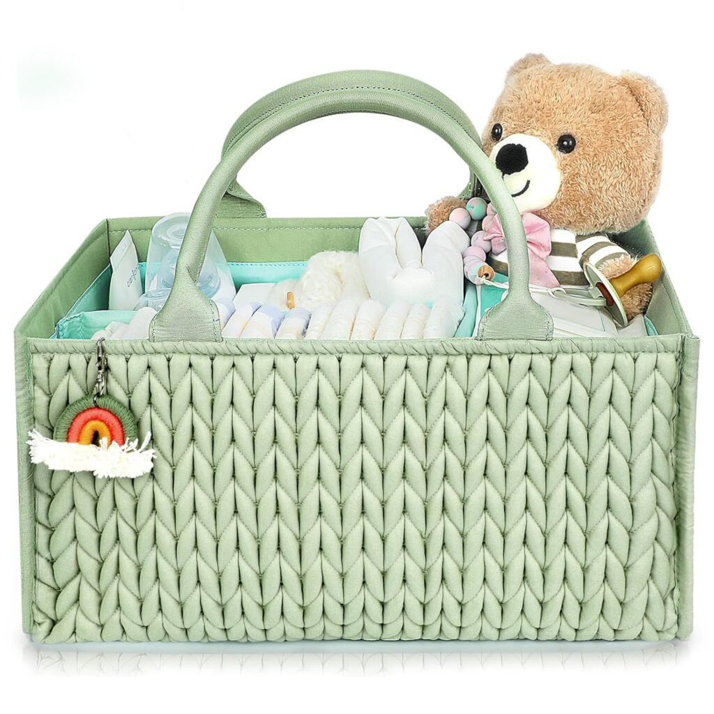 MOMINSIDE Diary Baby Diaper Caddy Organizer, Baby Basket Nursery Storage, Caddy Organizer for Portable Changing Table Dresser Car, Baby Registry Baby Shower Gifts for Girl Boy(Fair Green)