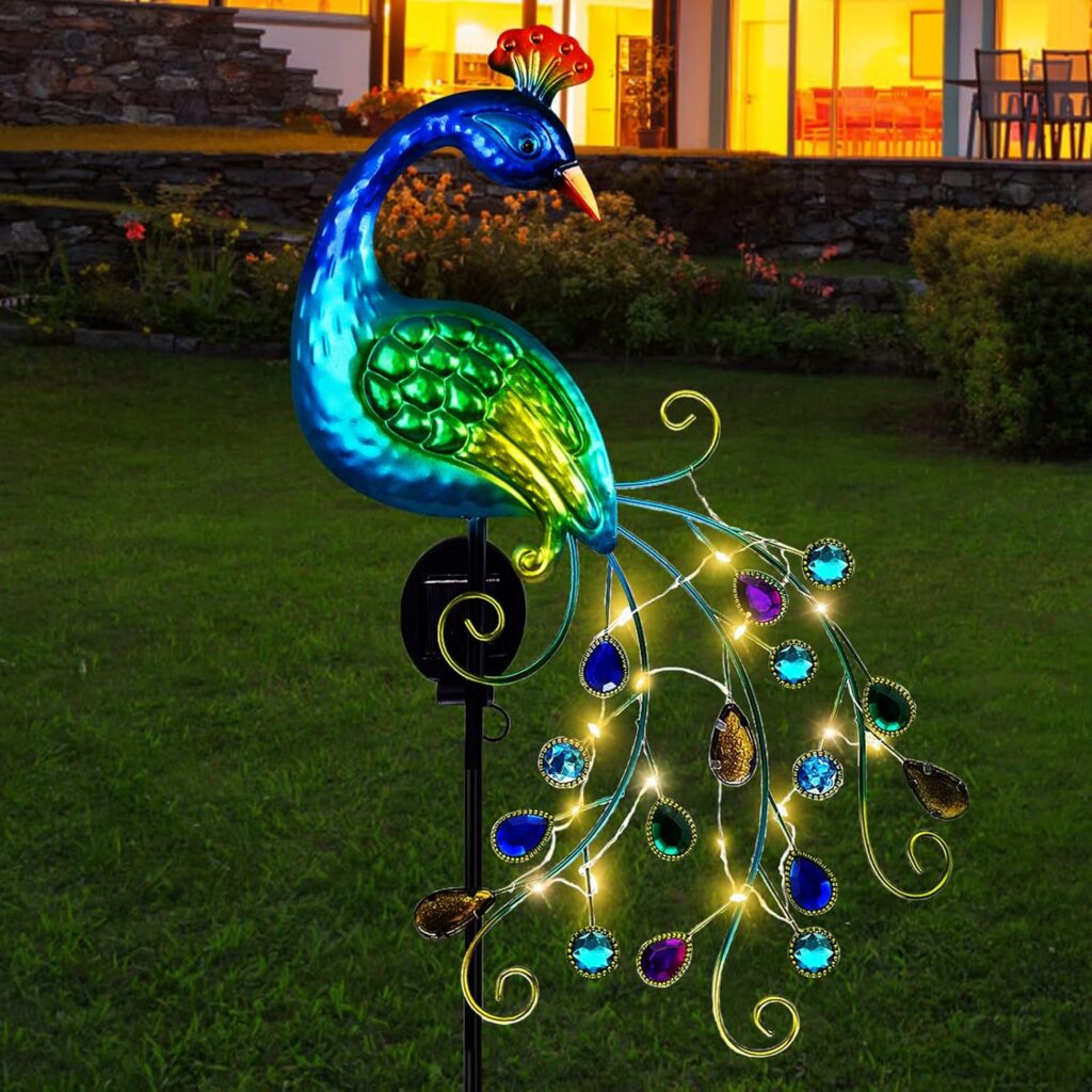DREAMSOUL Metal Peacock Garden Solar Lights Outdoor Decorative Garden Stake Lights- Waterproof Peacock Solar Landscape LED Path Light Patio Yard Lawn Outside Decoration