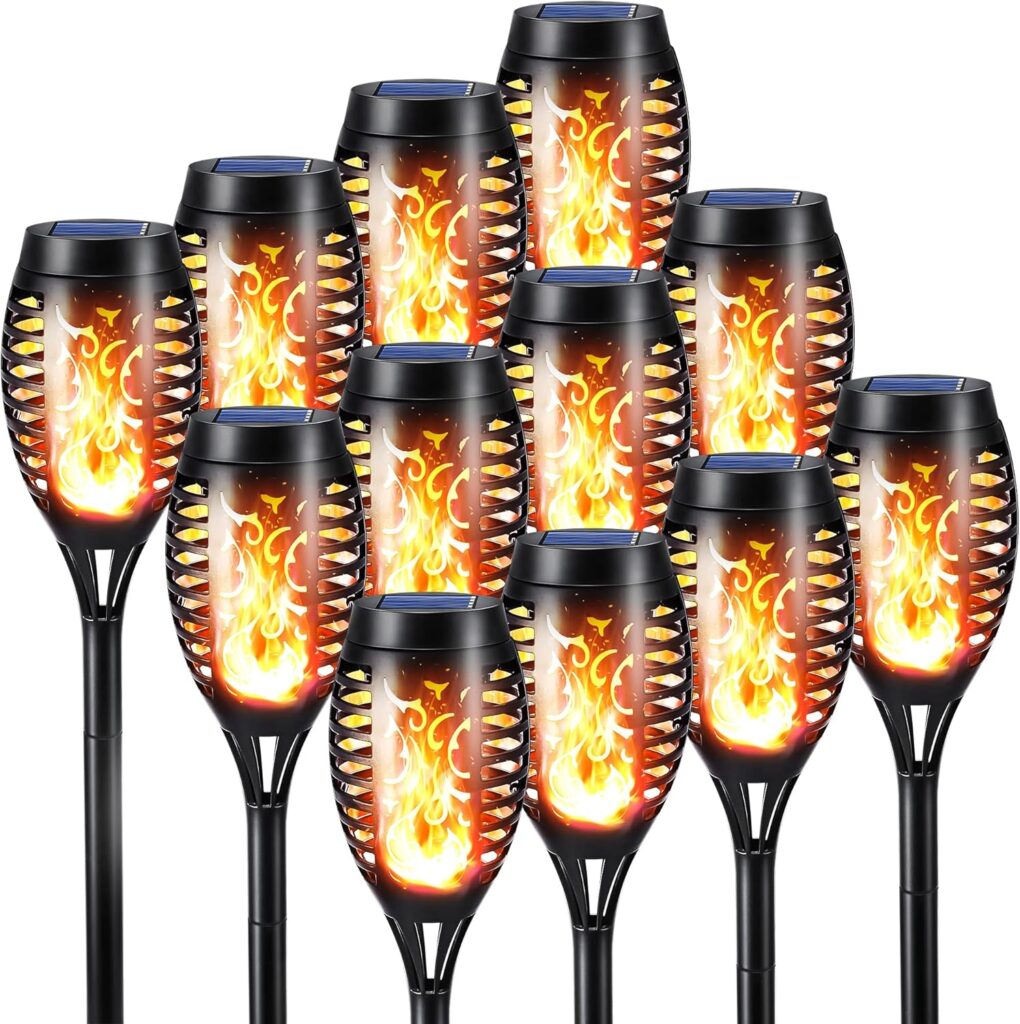 Toodour Solar Halloween Lights Outdoor, 12 Pack LED Torch Lights Flickering Flame, Waterproof Solar Outdoor Light – Landscape Decoration Lighting for Garden, Lawn, Yard, Halloween Decorations