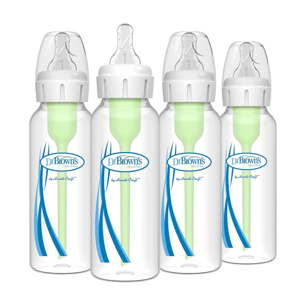 Dr. Brown’s Natural Flow Anti-Colic Options+ Narrow Baby Bottle, 8 oz/250 mL, with Level 1 Slow Flow Nipples, 0m+, 4 Pack