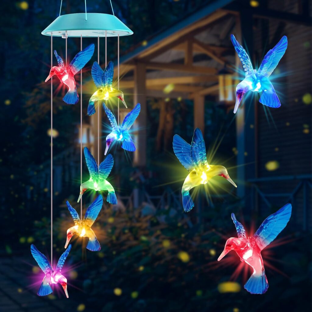 Solar Hummingbird Gift for Mom Grandma Girls, Color Changing Solar Wind Chimes for Outside, Outdoor Decorative Mobile Lights for Garden, Patio, Window, Party Decors, Gift for Women