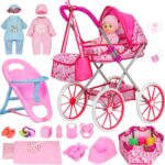 Baby Doll Stroller, Foldable Unicorn Doll Stroller with 11″ Doll, Playpen, Dining Chair, 24 PCS Baby Doll Accessories,Doll Playset Toy for Girls Toddlers 3-5 4-6 Birthday