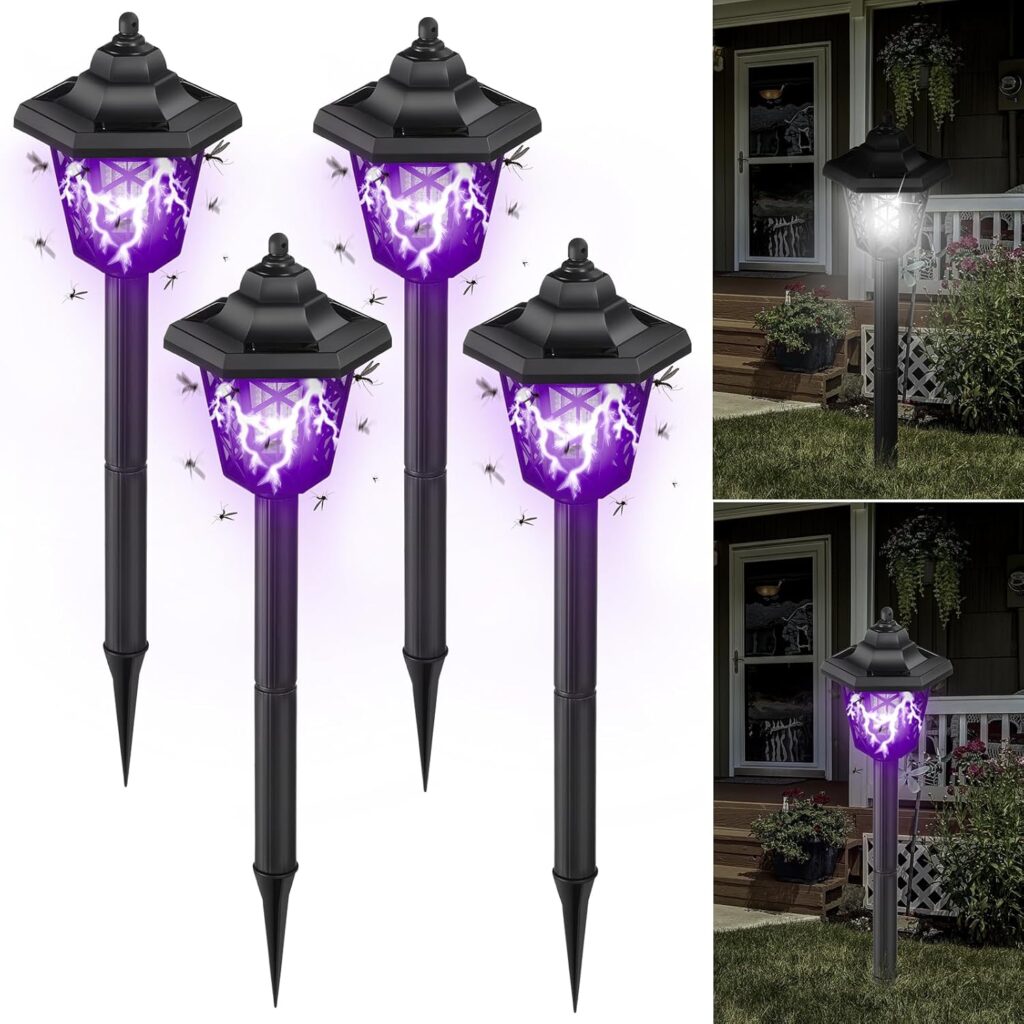 Qualirey 4 Pcs Solar Bug Zapper Outdoor Mosquito Repellent Mosquito Killer Lamp 2 in 1 LED Waterproof Zapper for Home Backyard Patio Garden Lawn Pathway Camping