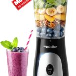 Mueller Smoothie Blender for Smoothies – Personal Blender for Shakes, Frozen Drinks, Baby Food & More, 15oz Travel Cup and Lid, Durable Stainless Steel Blades for Powerful Blending Performance, Black