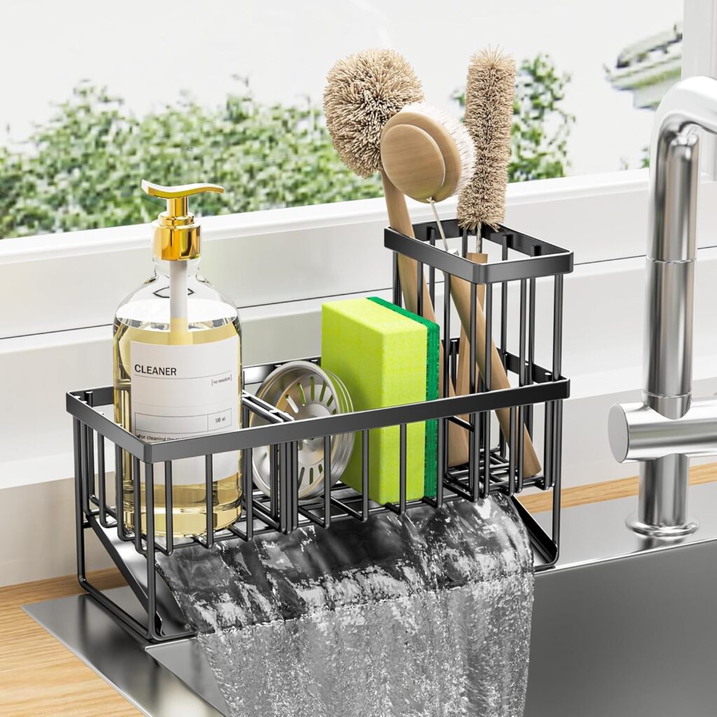 Cisily Kitchen Sink Caddy Organzier with High Brush Holder, Sponge Holder for Sink, 304 Rustproof Stainless, Kitchen Countertop Soap Dispenser Organizer, Kitchen Decor and Accessories