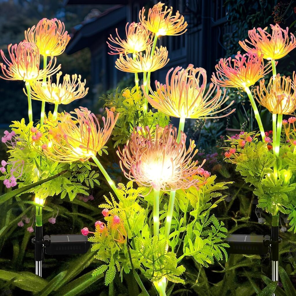 Solar Garden Lights Outdoor, 4 Pack Solar Flowers Lights,12 Head Waterproof Flower with Glowing Stems, Outdoor Solar Light for Yard, Pathway, Garden Decor & Gardening Gift