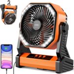 20000mAh Camping Fan, Rechargeable Battery Operated with 360° Rotatable Hook, 400 Lumes Light, 270° Pivot, 4 Speeds, 58Hrs Battery Powered Fan for Outdoor Tent Car Trip BBQ Hurricane Power Outages
