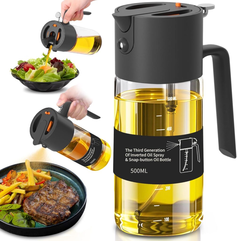 Oil Sprayer for Cooking, 2025 Large Advanced Olive Oil Dispenser Bottle,500ml/17oz Glass Olive Oil Sprayer,2 in 1 Even Spray with Portion Control for Kitchen, Air Fryer, Salad, BBQ – Black