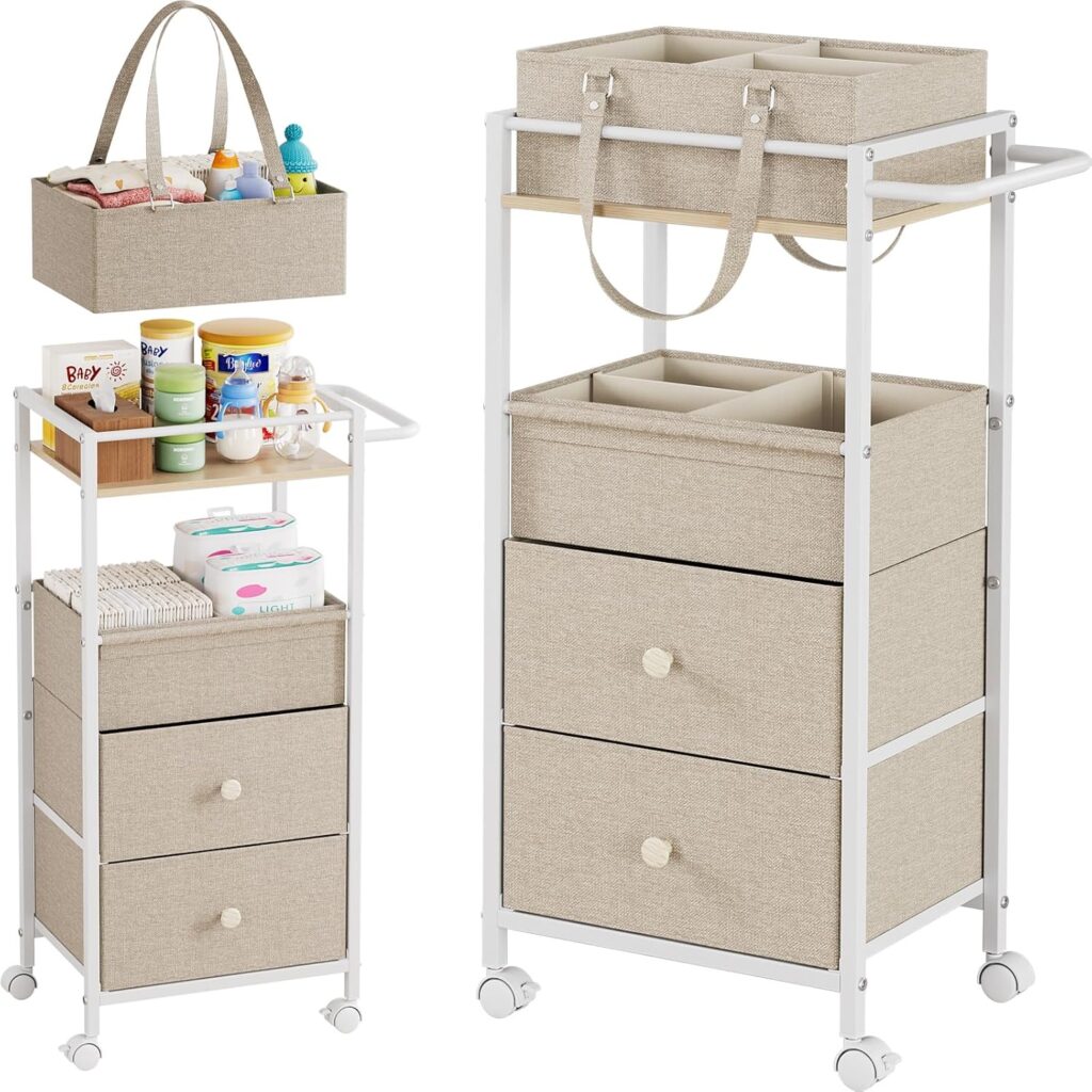 Baby Diaper Caddy Organizer Cart with Drawers – 3In1 Rolling Storage Cart with Wheels, Removable Diaper Caddy, Detachable Dividers – for Crib, Bedroom, Art & Craft Organizer (Off White)