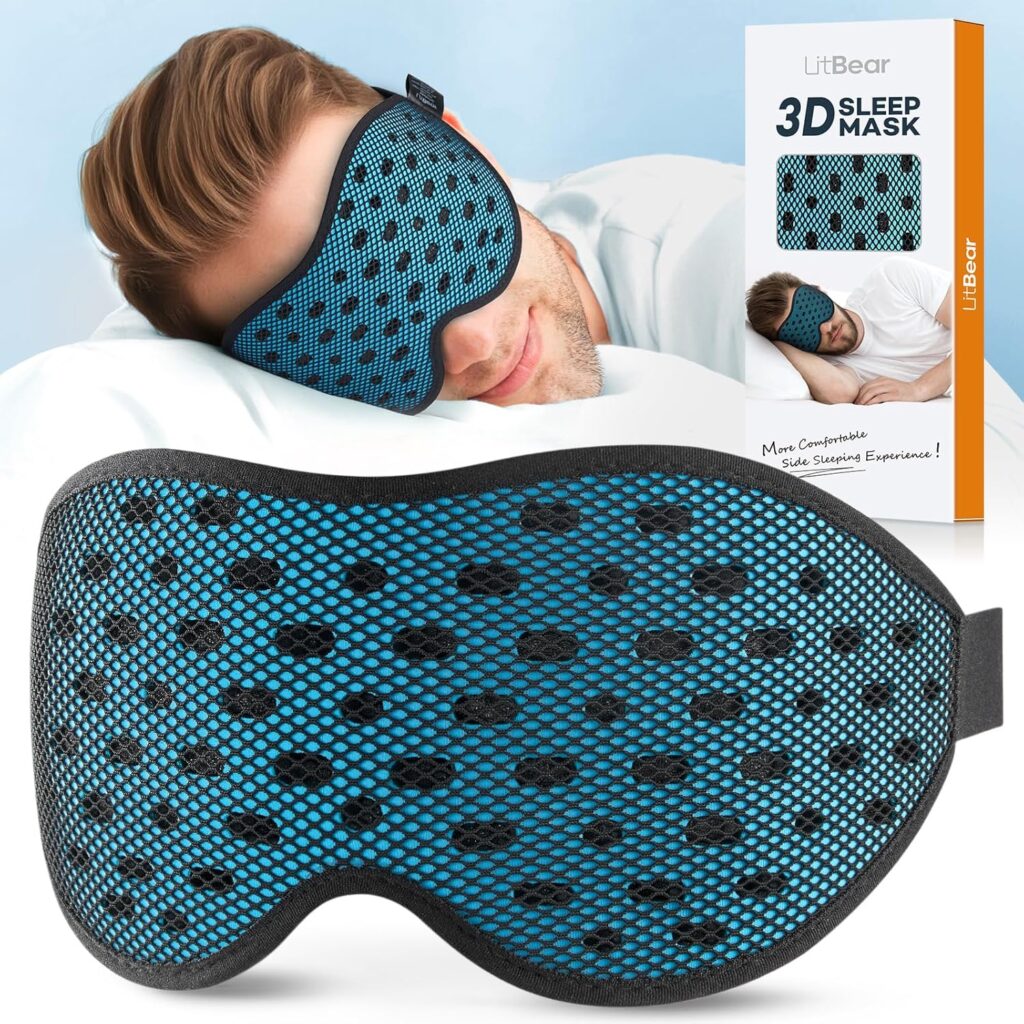 LitBear Breathable Sleep Mask, 3D Eye Mak Sleep for Side Sleepers Women Men, Light Blocking Sleeping Mask with Adjustable Strap, Soft Lightweight Eye Cover for Travel, Night Work, Nap, Office – Blue
