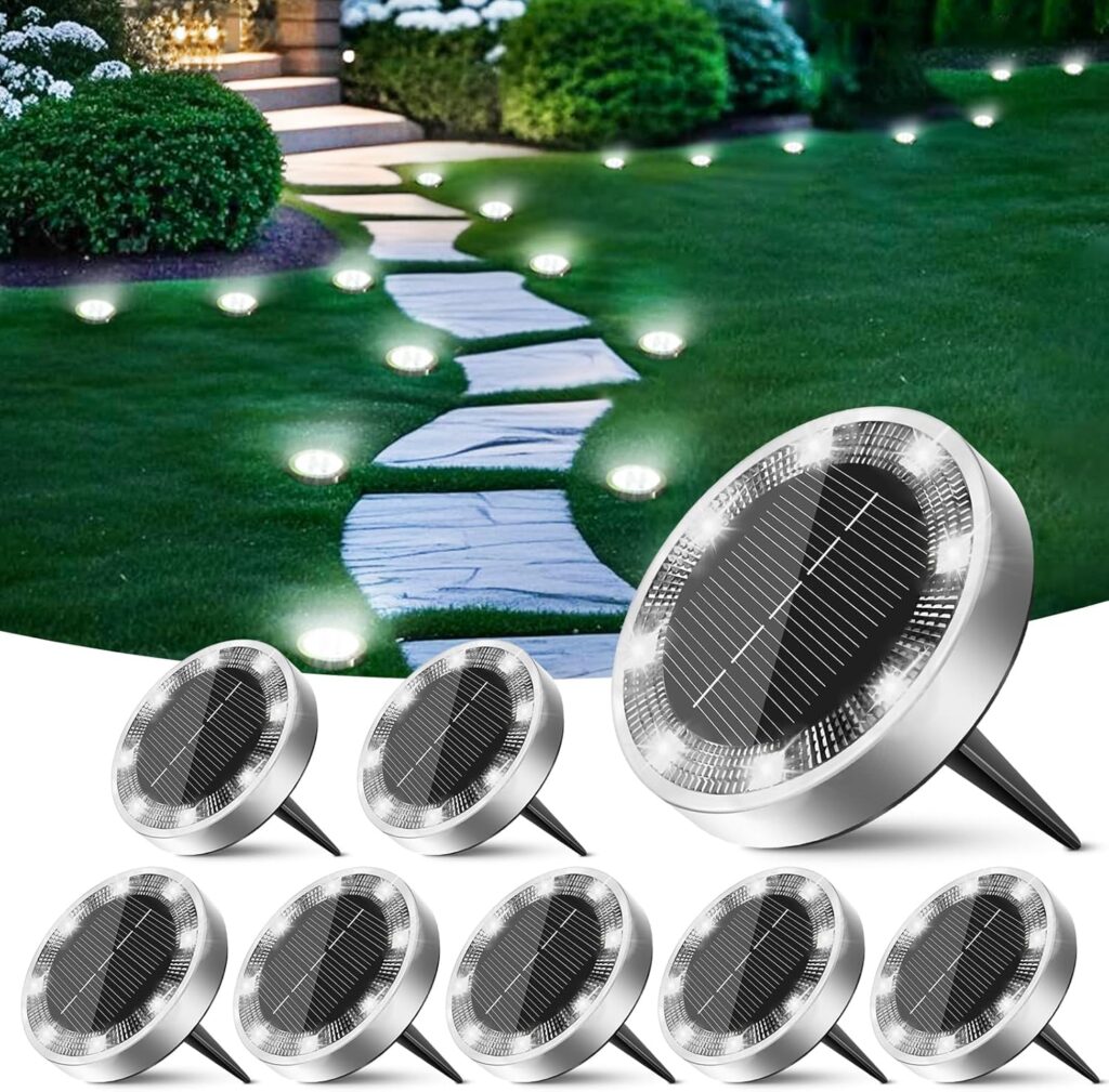 Peasur Solar Ground Lights Outdoor, 8 Pack Flat Solar Powered Disc Lights, IP68 Waterproof, Anti-Rust, Landscape Lighting for Pathway Garden Yard Lawn Walkway Landscape Driveway, Mini, Cool White