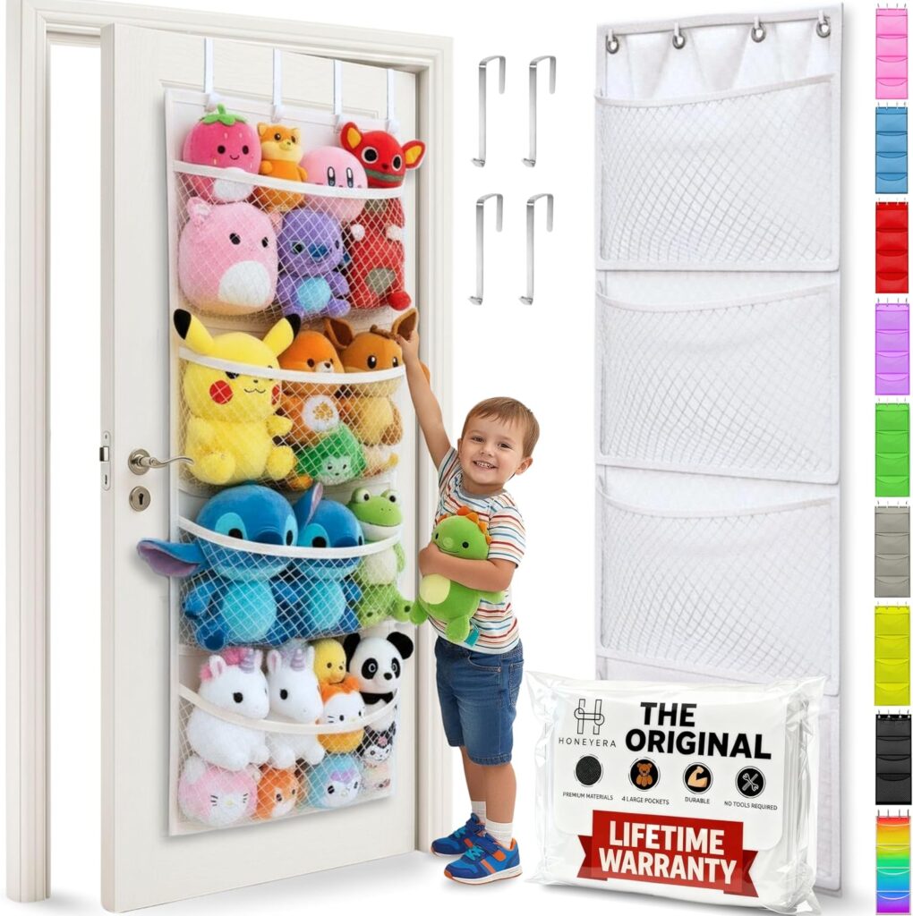 Honeyera The Original Stuffed Animal Storage (Patented) – Over Door Organizer for Stuffies, Toy Plush, Hammock Baby Hanging Storage Net for Big Girls, Toddler, Large Bag Animals, White