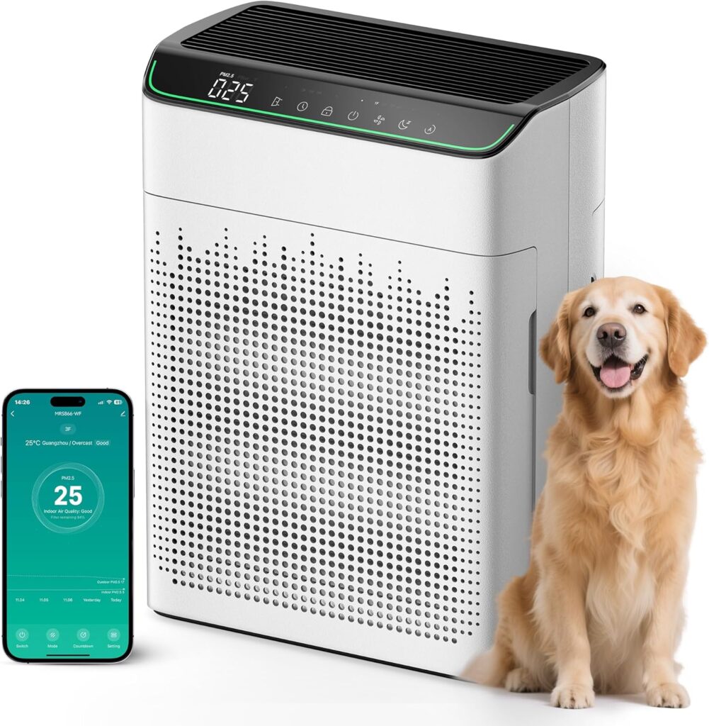 Air Purifiers for Home Large Room Up to 1690 ft² Double-sided Air Inlet Smart WiFi Alexa Compatible PM 2.5 Air Quality Monitor for Smoke and Odor 23dB Quiet 1 Pack+2 Pack HEPA Filters White