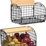 2 Set Stackable Wire Basket with Openable Top, Kitchen Counter, Pantry Organizer and Storage Produce Onion Potato Fruits Vegs Bread Food Snack Spice Organizing Bin for Cabinet Shelf Countertop Floor