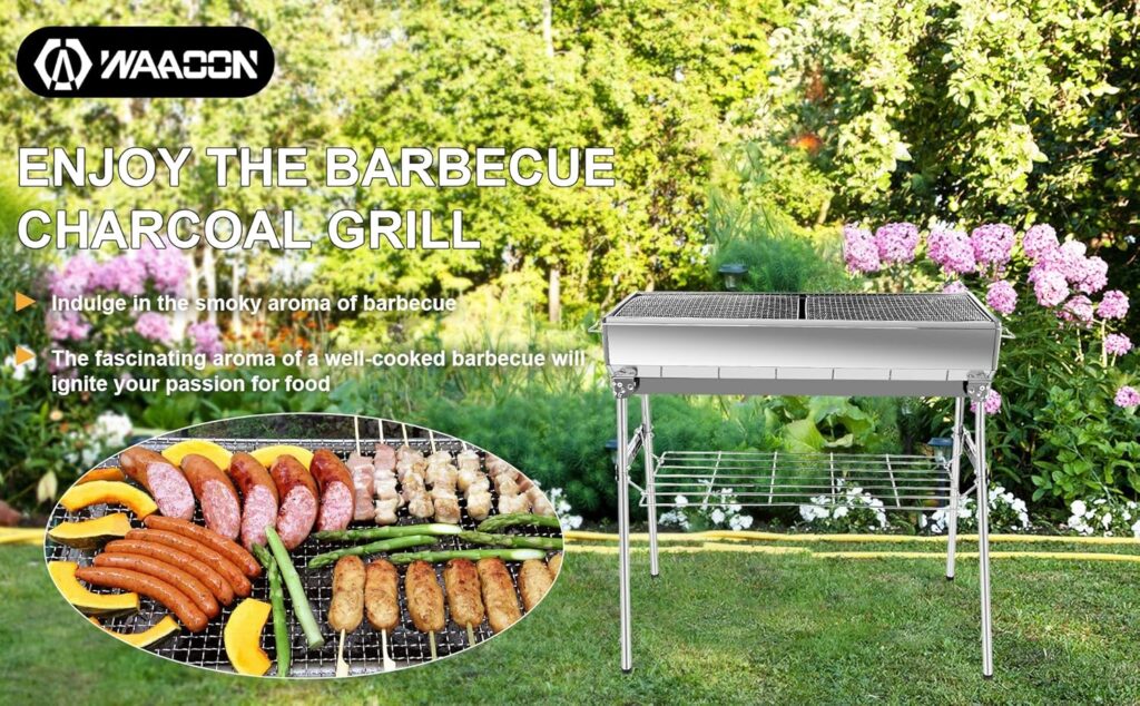 Portable Charcoal Grill: Foldable Charcoal Grill – Outdoor Stainless steel Barbecue Grill, Camping, picnics（larger）