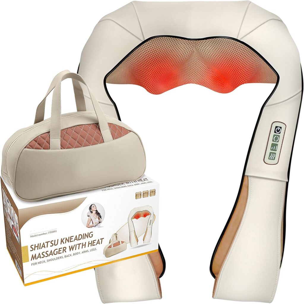 FIVE S FS8801 Shiatsu Neck and Back Massager with Heat, Deep Kneading Massage for Neck, Shoulders, Back, Legs, Feet – for Home, Office, Car – Beige